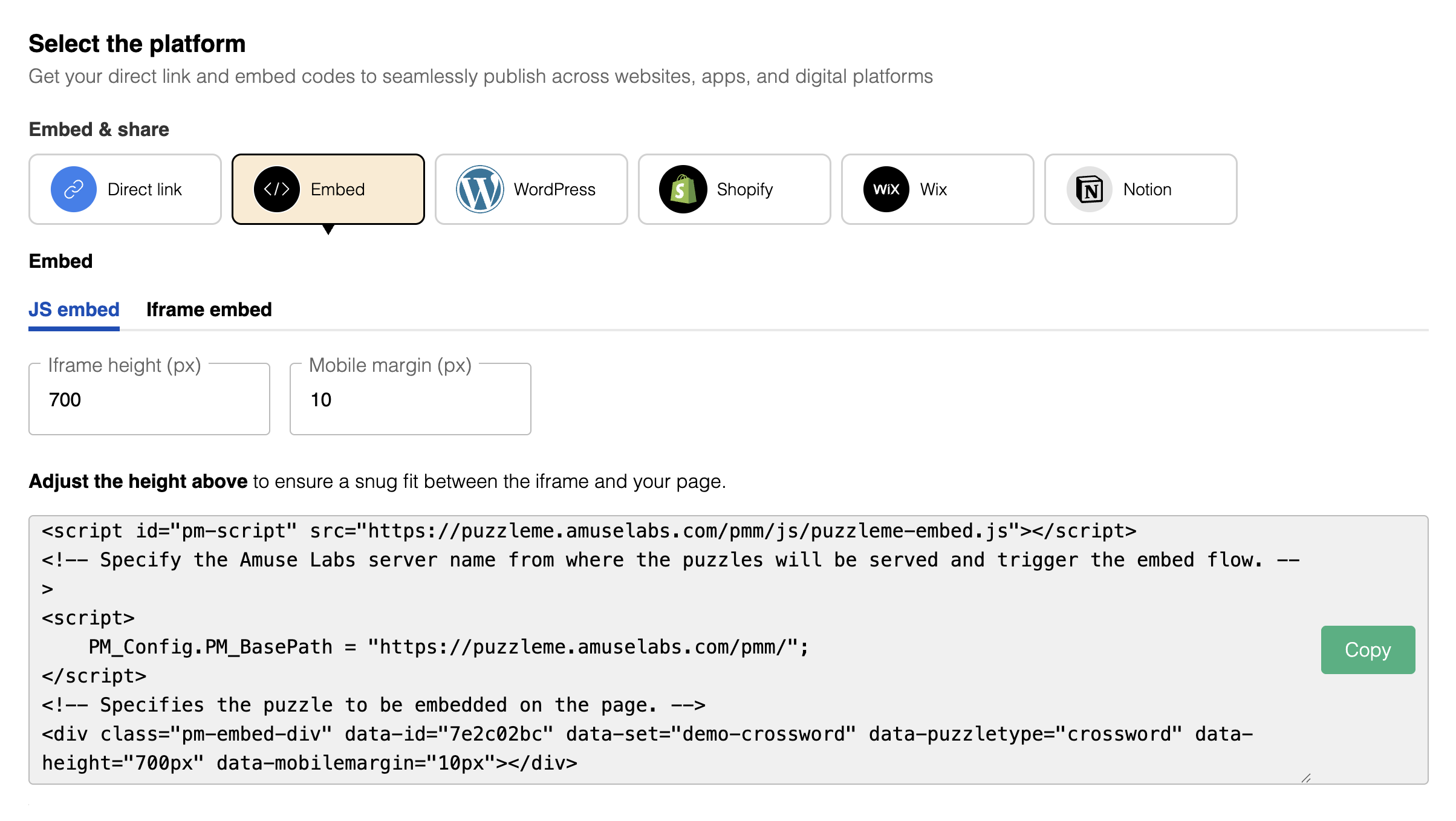 Publish page showing Embed options for JS embed and iframe embed