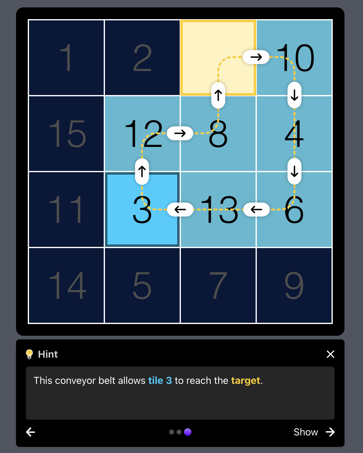 Smart Hint tracing a conveyor belt path to a tile's target position
